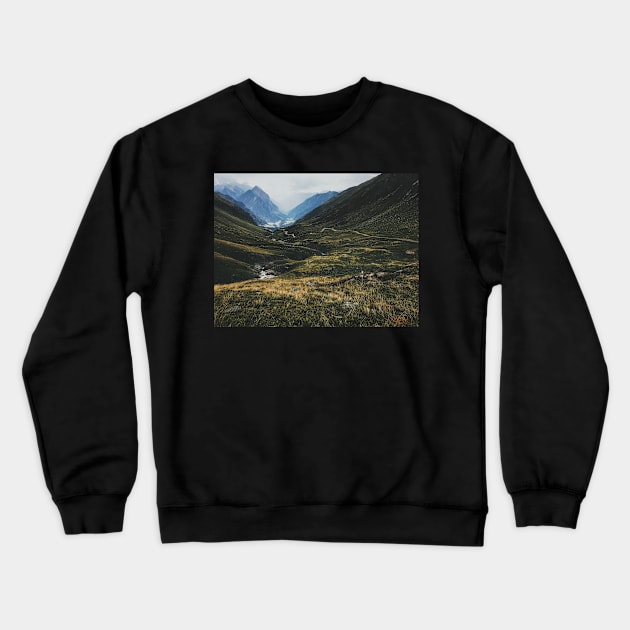 Road Winding Through Swiss Mountain Valley Crewneck Sweatshirt by visualspectrum